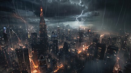 Fototapeta premium Dramatic Urban Skyline with Lightning and Rain Over Skyscrapers