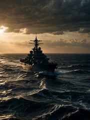 Battleship cruising through turbulent seas, powerful silhouette.
