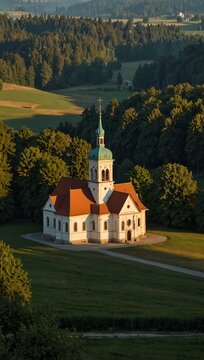 Bavarian fields and church.