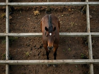 Bay horse viewed from above in a paddock.