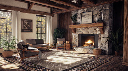 Cozy living room featuring a stone fireplace and wooden beams in a warm and inviting atmosphere