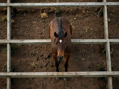 Bay horse viewed from above in a paddock.