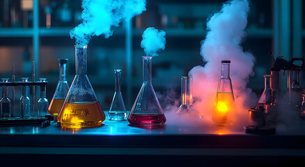 Colorful laboratory setup with glass flasks producing steam during a chemistry experiment at night
