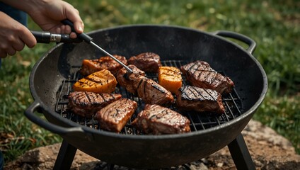 BBQ prep with charcoal in a brazier.