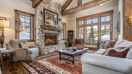 Cozy living room featuring a stone fireplace and wooden beams with winter views, perfect for relaxation and gatherings