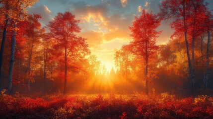Vibrant autumn sunset illuminating a misty forest with red and gold foliage.