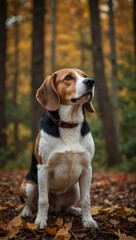 Beagle dog against an autumn forest background.