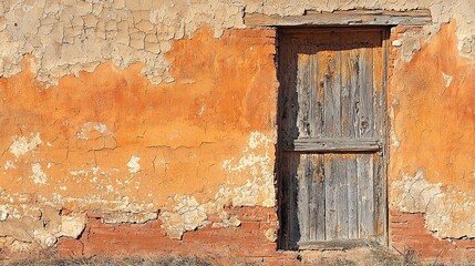 Naklejka premium Old weathered door on a rustic orange textured wall in a quiet village