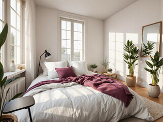 Light bedroom with pink blanket and indoor plants. Home interior.