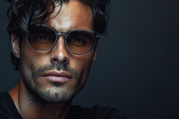 Fototapeta premium Close-up portrait, stylish man wearing round sunglasses, dark background, high-contrast lighting, modern fashion look, masculine features, dramatic style, minimalistic composition