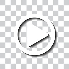 Play button simple icon vector. Flat design. White with shadow on transparent grid