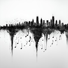 Fototapeta premium Monochrome City Skyline with Musical Notes in Abstract Watercolor Style, Urban Artistic Illustration Combining Music and Architecture, Perfect for Creative and Modern Design Concepts