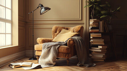 Cozy reading corner featuring a plush armchair and warm floor lamp, perfect for relaxation and book enjoyment