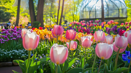 Vibrant spring garden with colorful tulips in bloom at botanical park