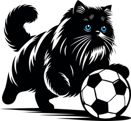 The Persian cat playing football on floor silhouette isolated on white.
