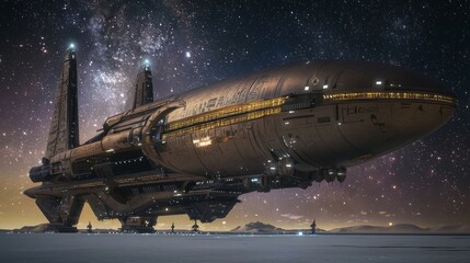 Obraz premium Majestic Horus-Shaped Spacecraft Ready for Launch in Futuristic Egyptian Desert Spaceport | Ultra-Detailed Photorealistic Sci-Fi Art