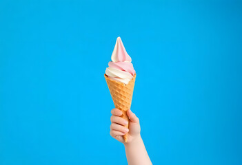baby hand holding ice cream on blue background