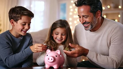 Caucasian family sharing financial lessons in stylish living room