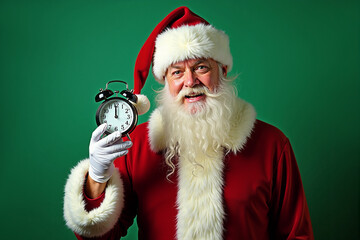 Naklejka premium Santa Claus with alarm clock in his hand on green background. It is midnight on the clock. Copy space. AI generative.