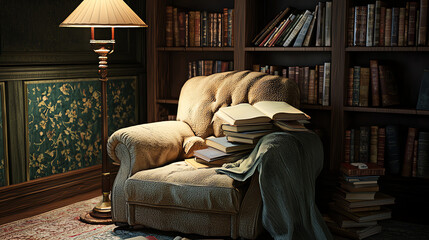 Cozy reading corner with plush armchair and floor lamp creating a warm ambiance for evening relaxation and immersion in books