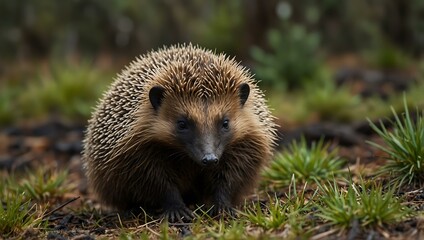 Beautiful echidna in the Tasmanian outback, Australian wildlife in spring.