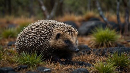 Beautiful echidna in the Tasmanian outback, Australian wildlife in spring.