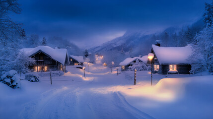 A serene snowy village during twilight, featuring charming houses adorned with glowing lights, streetlamps, and a tranquil winter ambiance.  
