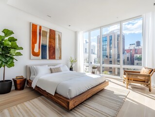 Bright, airy bedroom with a king-sized bed, minimalist furniture, white walls, abstract artwork above the bed, large floor-to-ceiling windows letting in sunlight,