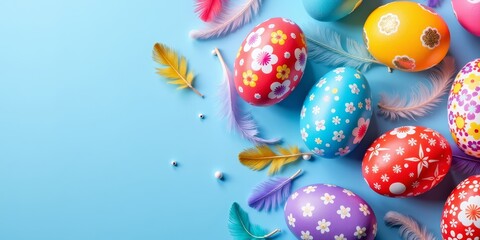 Colorful Easter eggs and feathers on blue background
