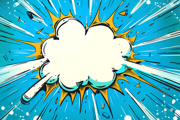 An explosive comic-style burst graphic with vibrant blue background and bold orange accents, perfect for dynamic visual storytelling.