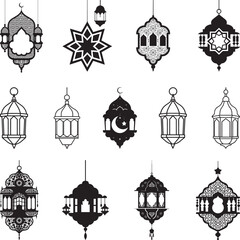 Arabic traditional Ramadan Kareem eastern lanterns garland. Muslim ornamental hanging golden lanterns, stars, and moon vector illustrations. Muslim holiday lantern traditional