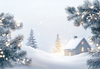A small white Christmas house with lights and spruce branches stands against a white backdrop. The scene evokes a simple, cozy winter holiday ambiance.