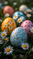A vibrant display of colorful Easter eggs arranged in an array on lush green grass, creating a festive and cheerful atmosphere for the holiday celebration. The eggs are brightly colored and beautifull