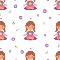 Seamless pattern with girl child with braids hairstyle meditating