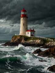 Obraz premium Beautiful lighthouse on a cliff in stormy weather.