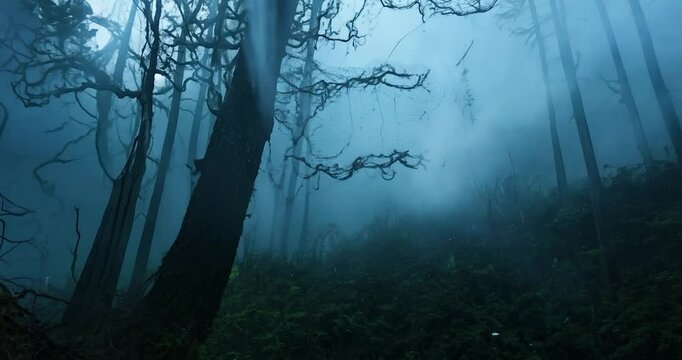 a large, intricate black spider web stretched between branches in a dark forest, with a mysterious mist swirling around it