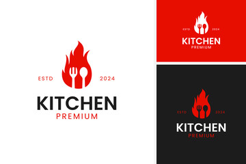 Modern fork and spoon with fire logo design for food vector concept template illustration