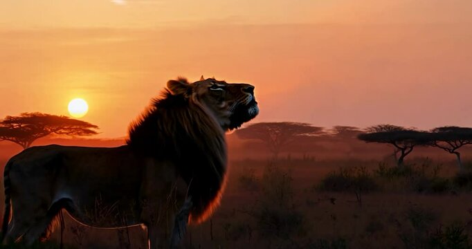 a lion resting and stretching out as the sun sets over the African savannah, with warm colors flooding the scene.