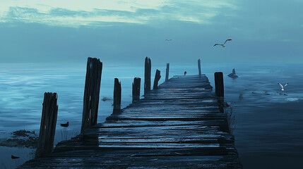 Fototapeta premium Deserted pier extending into calm waters at dawn with a serene atmosphere and distant birds