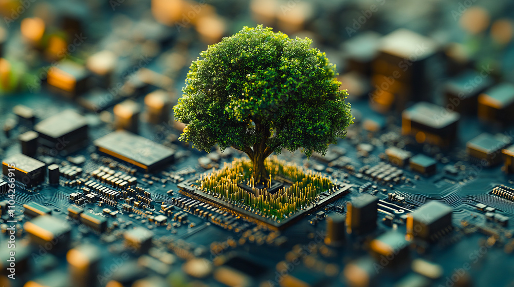 Wall mural tree growing on computer circuit board symbolizing technology and nature fusion