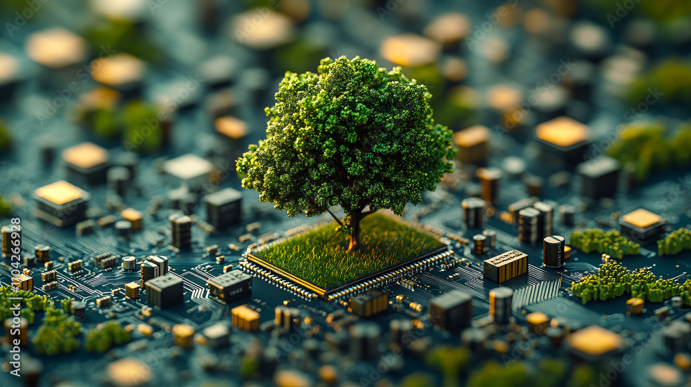 Wall mural tree growing on circuit board depicting technology and nature integration