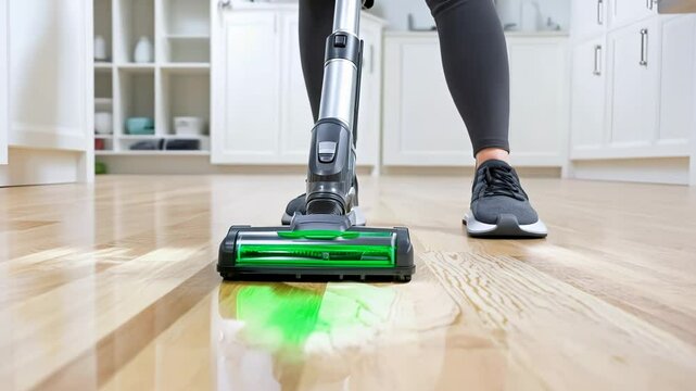 Woman cleaning hardwood floor with lightweight vacuum cleaner