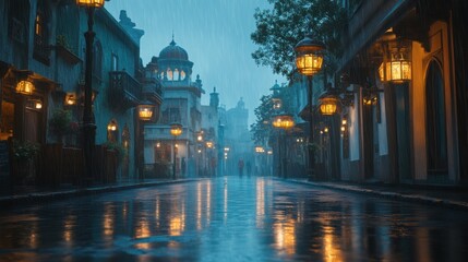 Fototapeta premium A rainy night in a quaint, European-style town. The warm glow of streetlights reflects on the wet cobblestone streets, creating a serene and atmospheric scene.