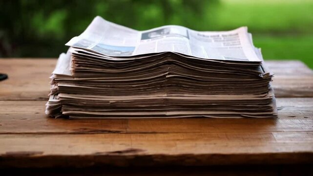 A stack of newspapers rests on a wooden table against a blurred green background. The wide-angle shot highlights the organized layout, creating a sense of focus and dedication to the journalist's work
