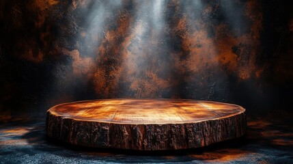 Rustic wooden display. A large, round wooden slab sits on a dark background, illuminated by dramatic lighting. Ideal for showcasing products or food photography.