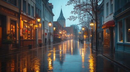 Fototapeta premium Rainy night on a charming cobblestone street. Warm light from shop windows reflects on wet pavement, creating a magical atmosphere.