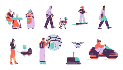 Vector set robot assistants helping people: a waiter, a drone, a flying stroller, a snowboard