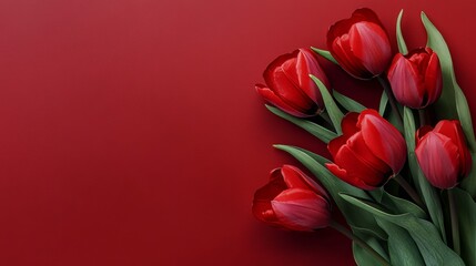 Obraz premium A striking red tulip bouquet against a muted red-brown background, close-up shot, Minimalist style