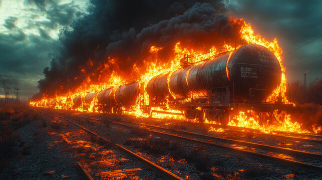 Fiery train explosion at dusk with dramatic smoke and flames on railroad tracks