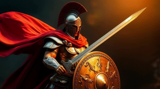 A fierce Roman warrior in full armor and a red cape, wielding a sword and shield, stands amidst fiery chaos, embodying strength, bravery, and ancient warfare.